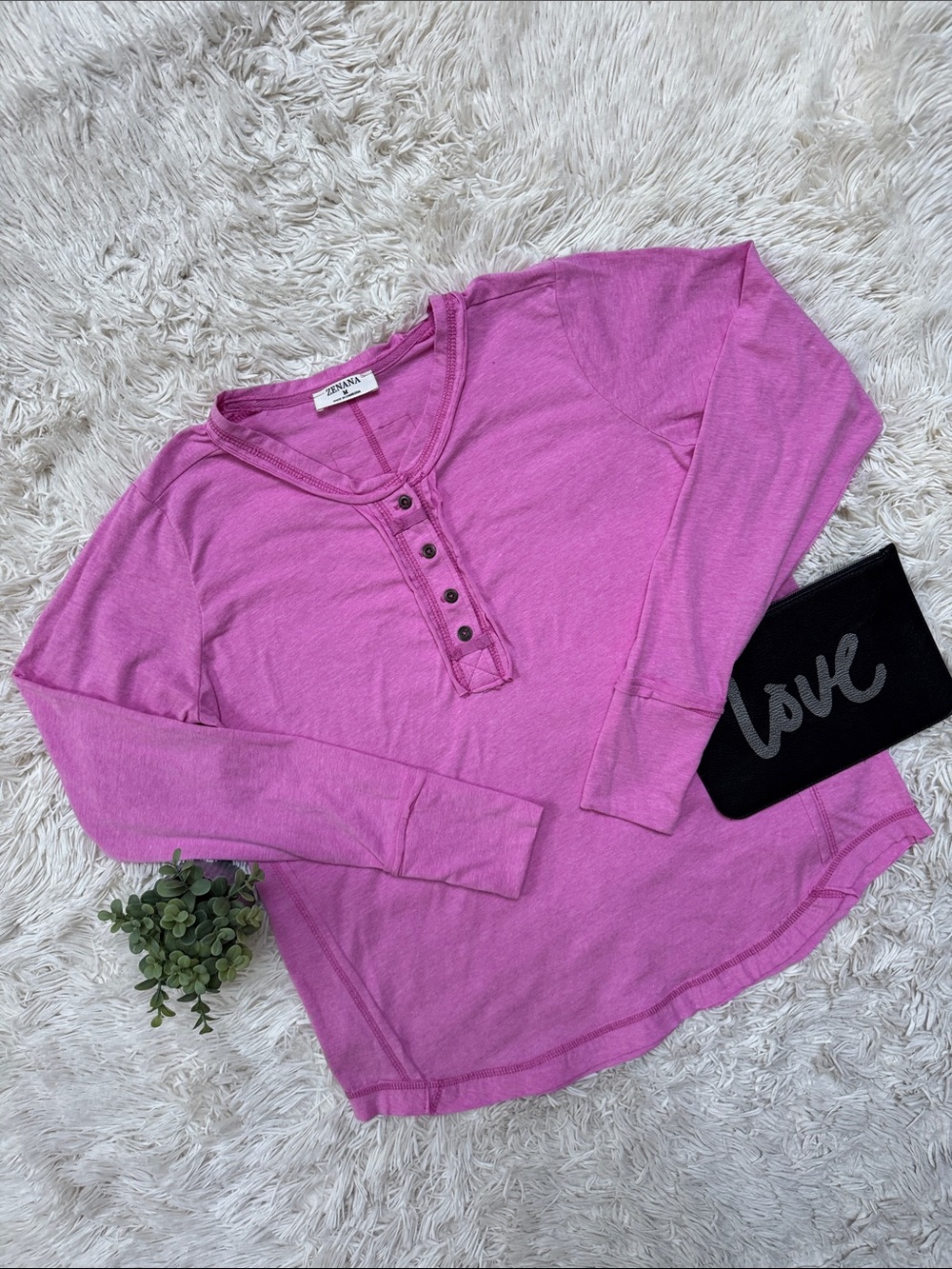 Zenana Henley Raw Seam Long Sleeve Top 💗 Pink